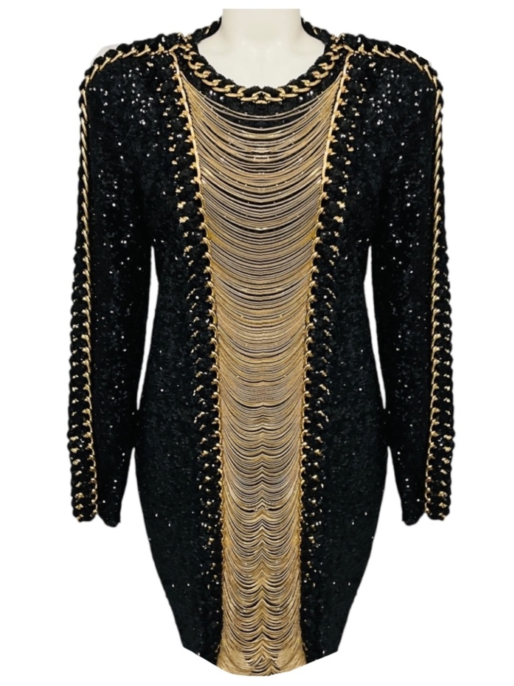 BALMAIN BLACK / GOLD CHAIN DETAIL SEQUINED COCKTAIL DRESS